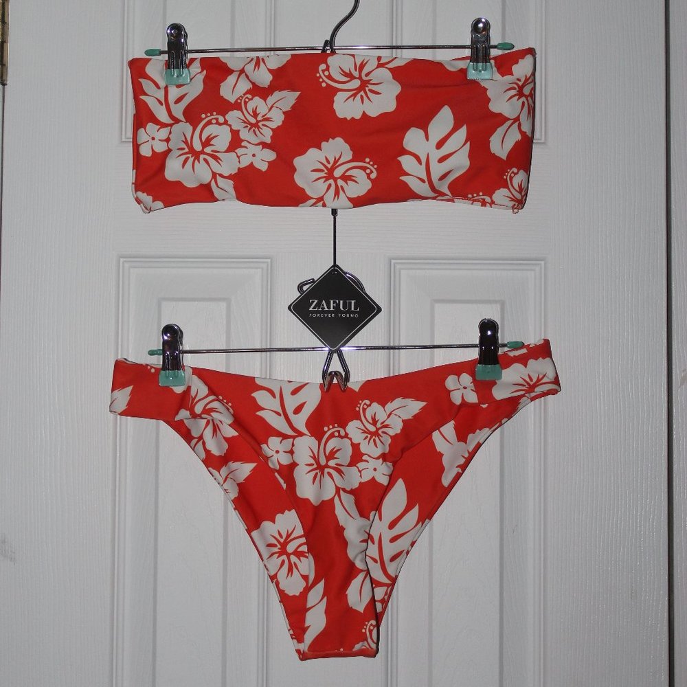 Zaful Orange Flower Bandeau Bathing Suit